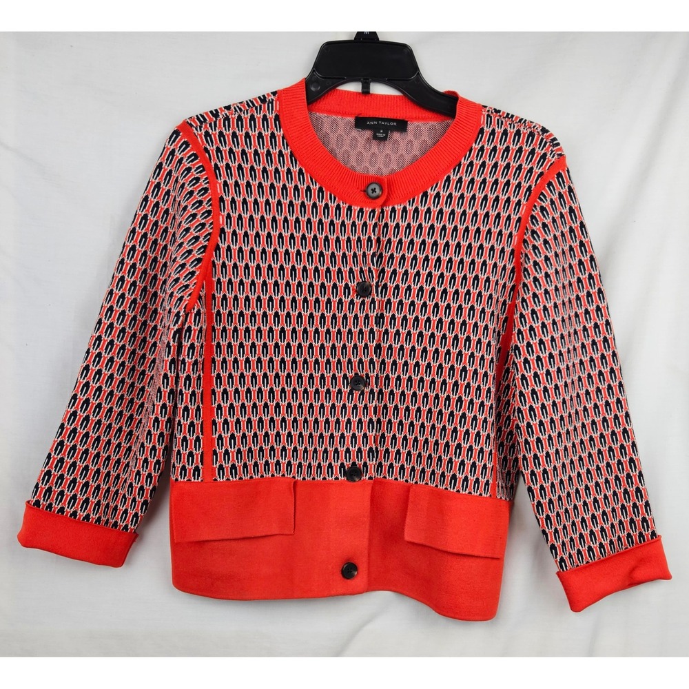 Ann Taylor Orange Black Geometric Jacquard Knit Button Front Cardigan Sweater M